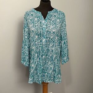 Women's N Touch Teal Tribal Patterned Blouse